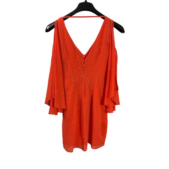 Bebe Orange Gold Rhinestone Embellished V-Neck Chiffon Mini Dress Flowy XS - Picture 4 of 8
